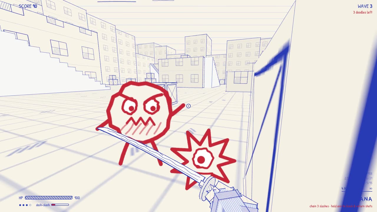 Slashing a doodle with the katana